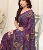 Purple Chiffon Geometric Print Saree With Unstitched Blouse Piece