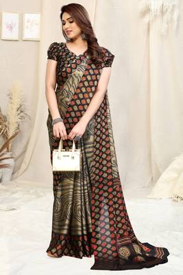 Beige Chiffon Self Print/ Floral Print Saree With Unstitched Blouse Piece 2
