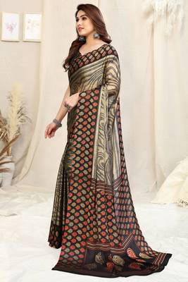 Beige Chiffon Self Print/ Floral Print Saree With Unstitched Blouse Piece 3