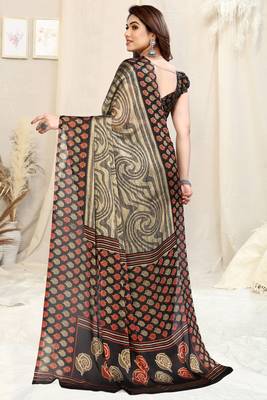 Beige Chiffon Self Print/ Floral Print Saree With Unstitched Blouse Piece 4