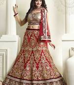 Red embroidered net unstitched lehenga