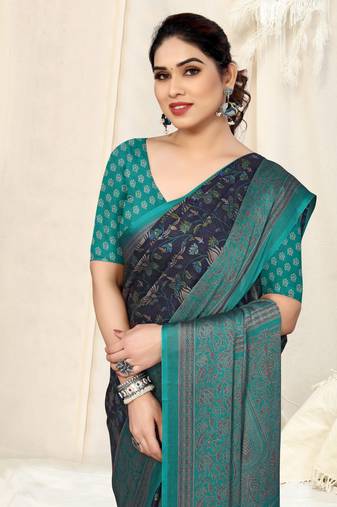 Navy blue chiffon lotas floral print saree with unstitched blouse piece