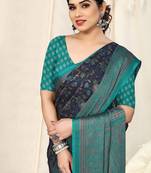 Navy blue chiffon lotas floral print saree with unstitched blouse piece