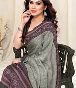 Grey chiffon self print/ floral print saree with unstitched blouse piece