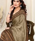 Beige Chiffon Self Print/ Floral Print Saree With Unstitched Blouse Piece