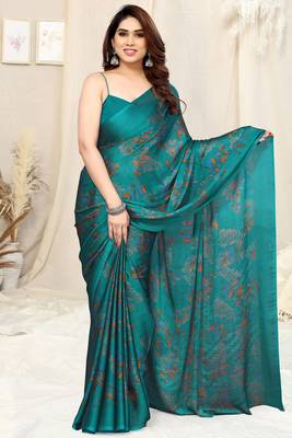 Sourbh Turquoise Chiffon Floral Printed Saree 1