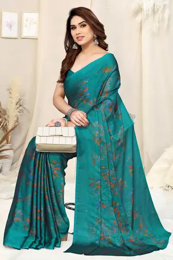 Sourbh Turquoise Chiffon Floral Printed Saree