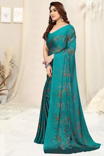 Sourbh Turquoise Chiffon Floral Printed Saree