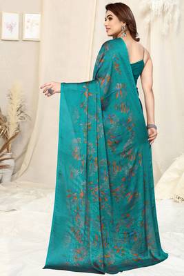 Sourbh Turquoise Chiffon Floral Printed Saree 4