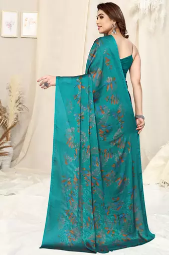 Sourbh Turquoise Chiffon Floral Printed Saree
