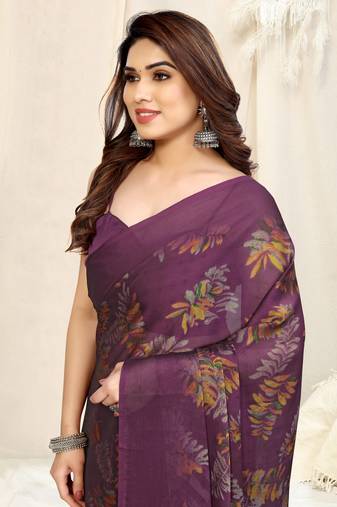 Magenta Chiffon Leaf Print Saree With Unstitched Blouse Piece