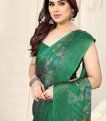 Green Chiffon Leaf Print Saree With Unstitched Blouse Piece