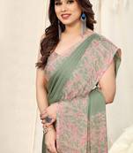 Dusty Green Chiffon Solid/ Abstrect Print Saree With Unstitched Blouse Piece