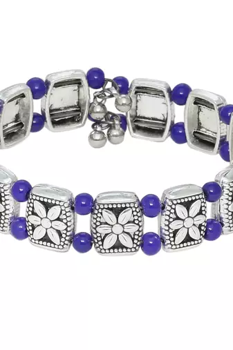 Oxidised floral blue beads linkable adjustable bracelet