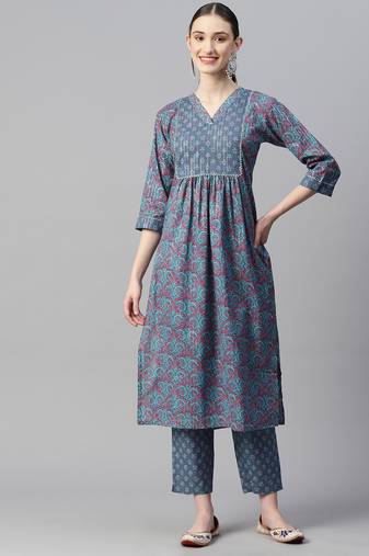 Indibelle cotton lurex floral print kurta with trouser