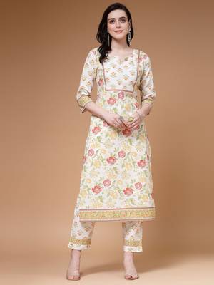 cotton floral print straight kurta with trouser 1