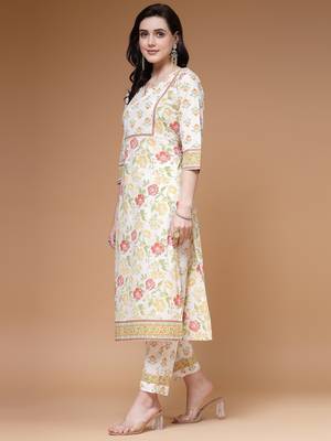 cotton floral print straight kurta with trouser 2