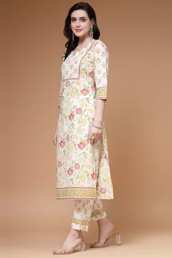cotton floral print straight kurta with trouser