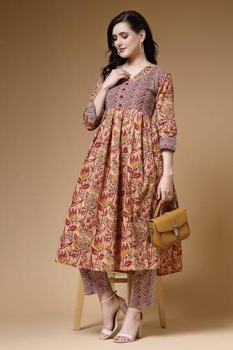Indibelle floral print cotton pleated kurta with trousers