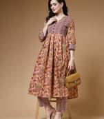 floral print cotton pleated kurta with trousers