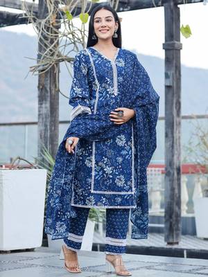  blue pure cotton kurta dupatta set with thread work detailing 1