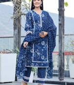  blue pure cotton kurta dupatta set with thread work detailing