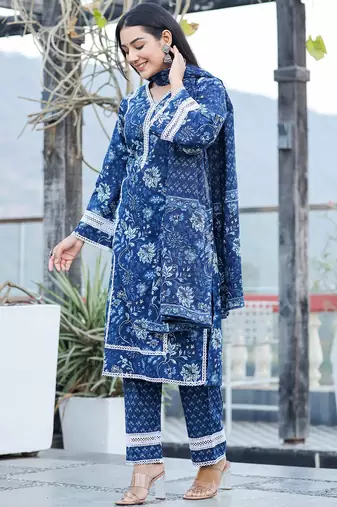  blue pure cotton kurta dupatta set with thread work detailing