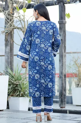  blue pure cotton kurta dupatta set with thread work detailing