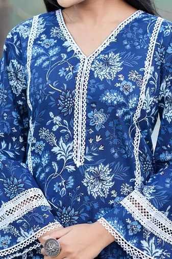  blue pure cotton kurta dupatta set with thread work detailing