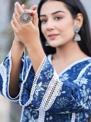  blue pure cotton kurta dupatta set with thread work detailing 5
