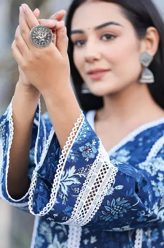  blue pure cotton kurta dupatta set with thread work detailing