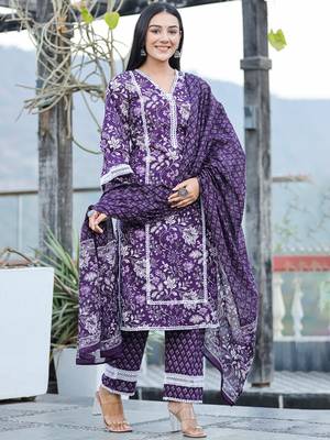  purple pure cotton kurta dupatta set with thread work detailing 1