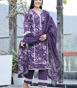  purple pure cotton kurta dupatta set with thread work detailing