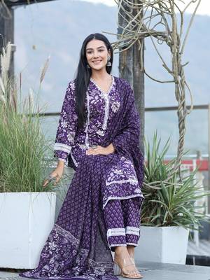  purple pure cotton kurta dupatta set with thread work detailing 2
