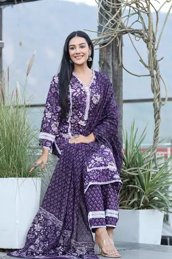  purple pure cotton kurta dupatta set with thread work detailing