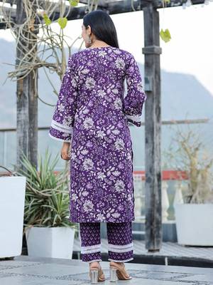  purple pure cotton kurta dupatta set with thread work detailing 3