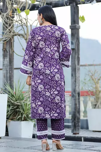  purple pure cotton kurta dupatta set with thread work detailing