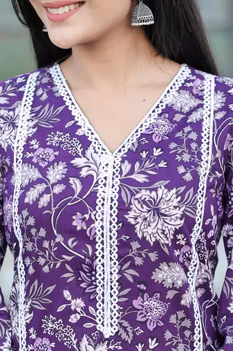  purple pure cotton kurta dupatta set with thread work detailing