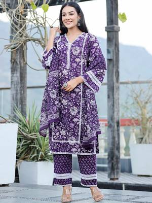  purple pure cotton kurta dupatta set with thread work detailing 5