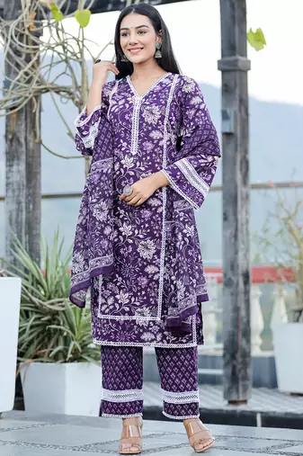  purple pure cotton kurta dupatta set with thread work detailing
