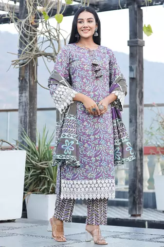 Yufta purple pure cotton kurta dupatta set with thread work detailing