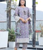 purple pure cotton kurta dupatta set with thread work detailing