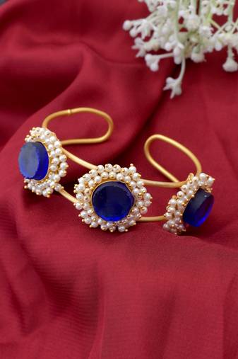 Gold plated blue stone kada bracelet