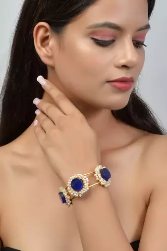 Gold plated blue stone kada bracelet