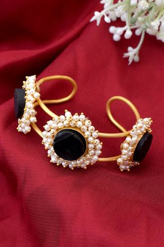 Gold plated black stone kada bracelet