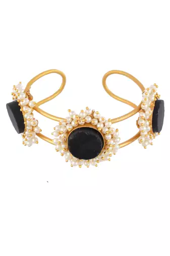 Gold plated black stone kada bracelet