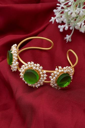 Gold plated green stone kada bracelet