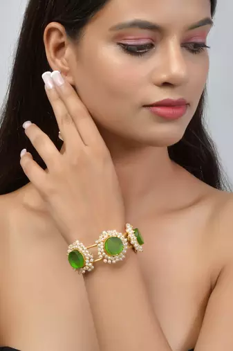 Gold plated green stone kada bracelet