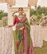 Elora  Printed Patola Silk Blend Saree With Contrast Border And Blouse For Women (Henna Green)
