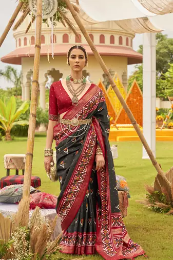 Elora  printed patola silk saree with contrast border and blouse for women (black)